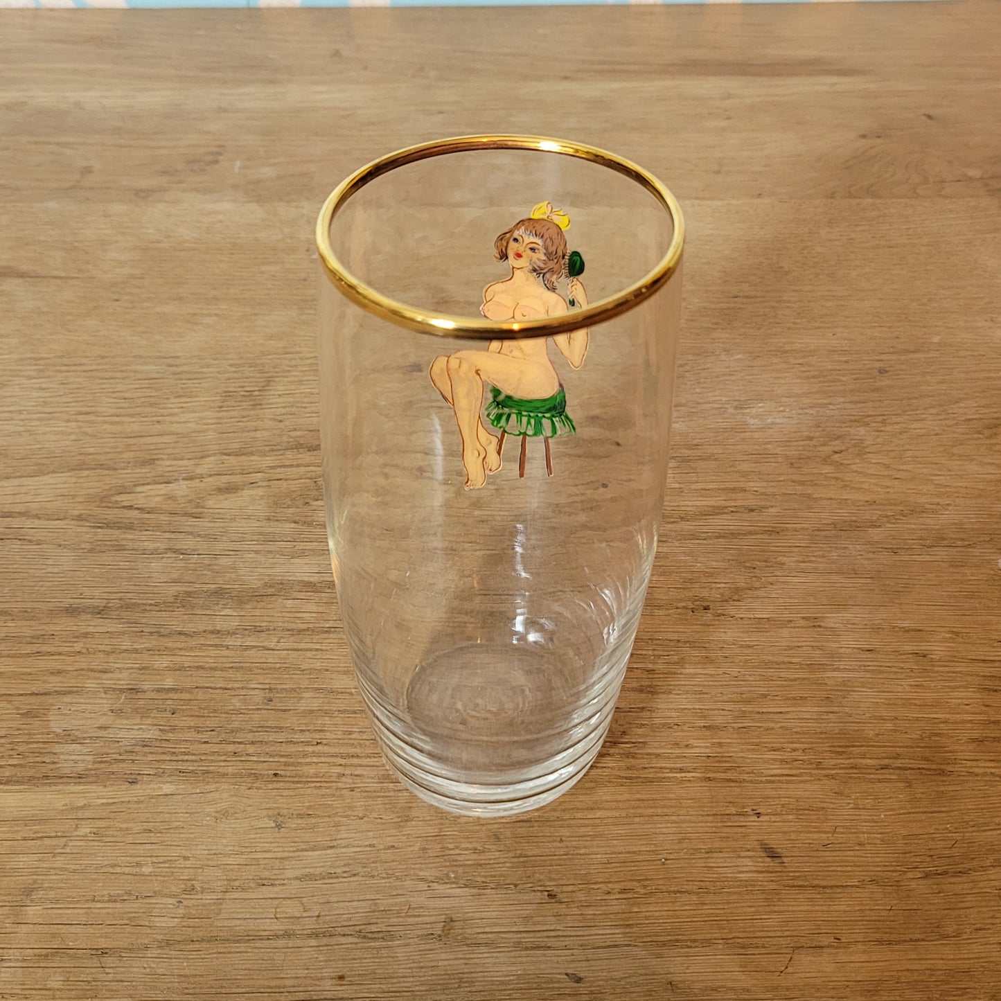 1950s/60s gentleman’s risqué pin-up girl pint glass with reverse decal