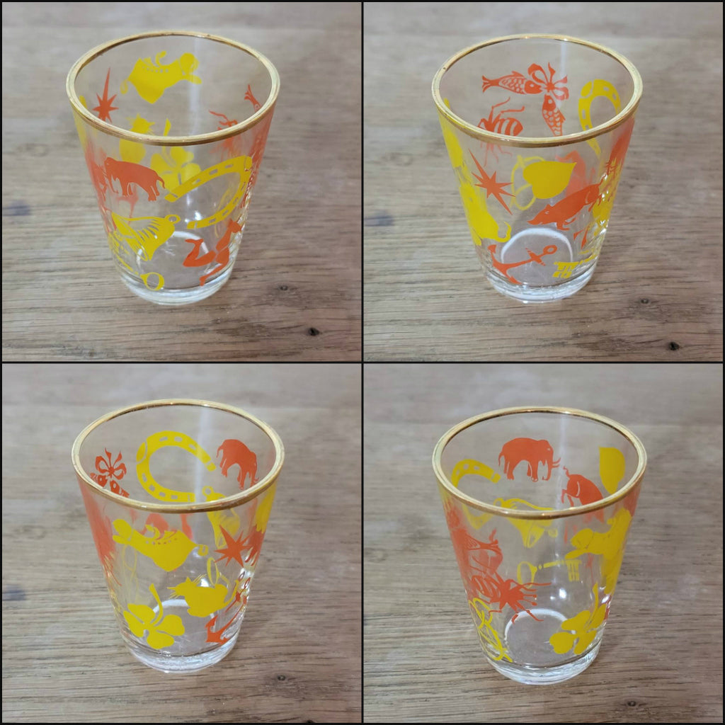 Set of 6 1950s "Lucky Charm" shot glasses with 22ct liquid gold rims