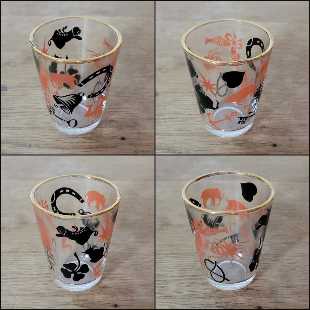 Set of 6 1950s "Lucky Charm" shot glasses with 22ct liquid gold rims