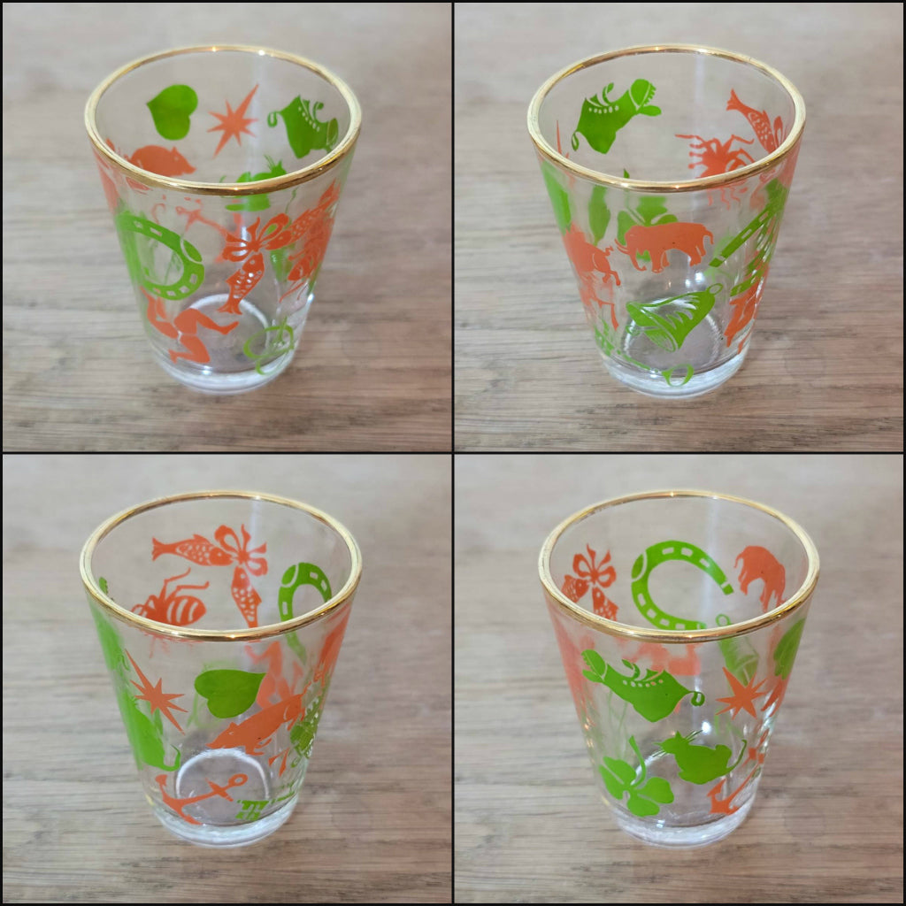 Set of 6 1950s "Lucky Charm" shot glasses with 22ct liquid gold rims