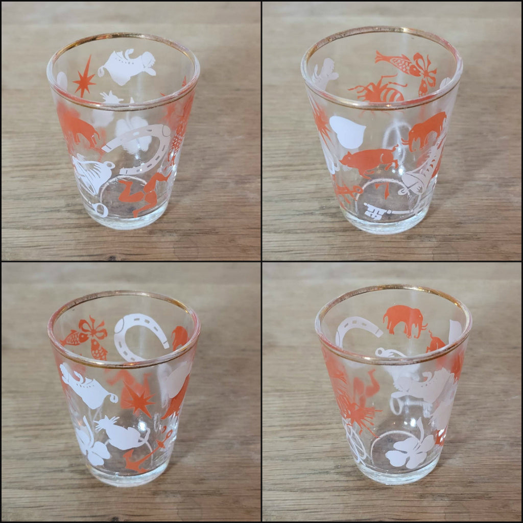 Set of 6 1950s "Lucky Charm" shot glasses with 22ct liquid gold rims