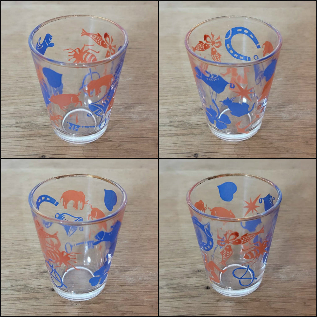 Set of 6 1950s "Lucky Charm" shot glasses with 22ct liquid gold rims