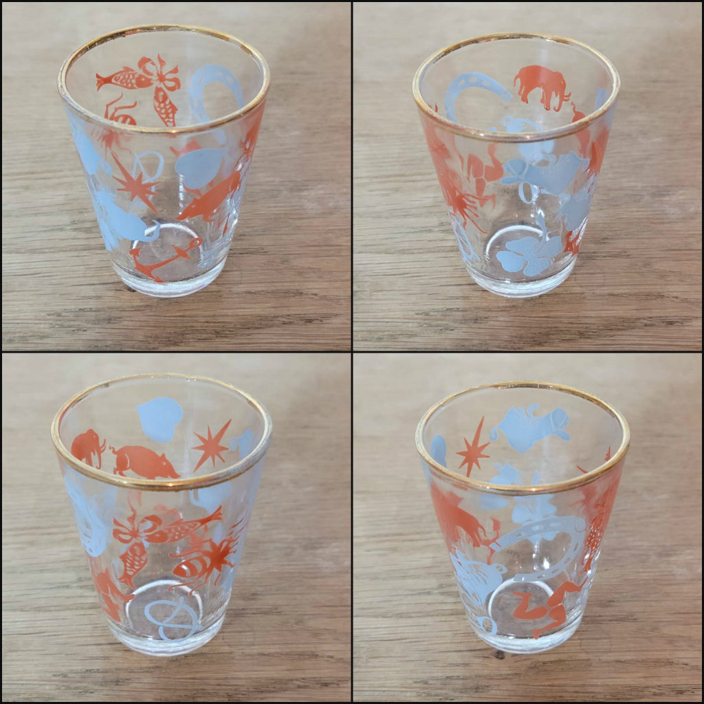 Set of 6 1950s "Lucky Charm" shot glasses with 22ct liquid gold rims