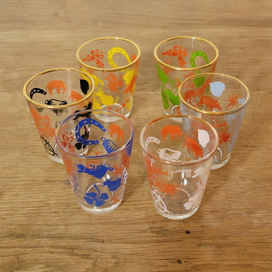Set of 6 1950s "Lucky Charm" shot glasses with 22ct liquid gold rims