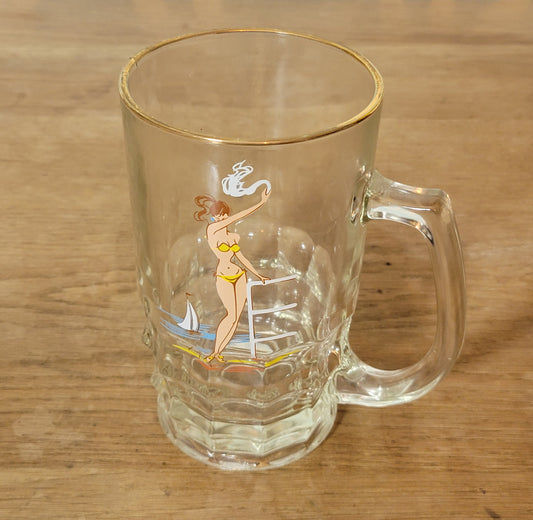 1960s cheeky glass beer stein with bikini pin-up