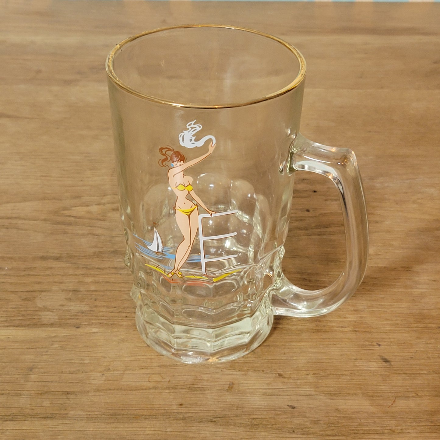 1960s cheeky glass beer stein with bikini pin-up