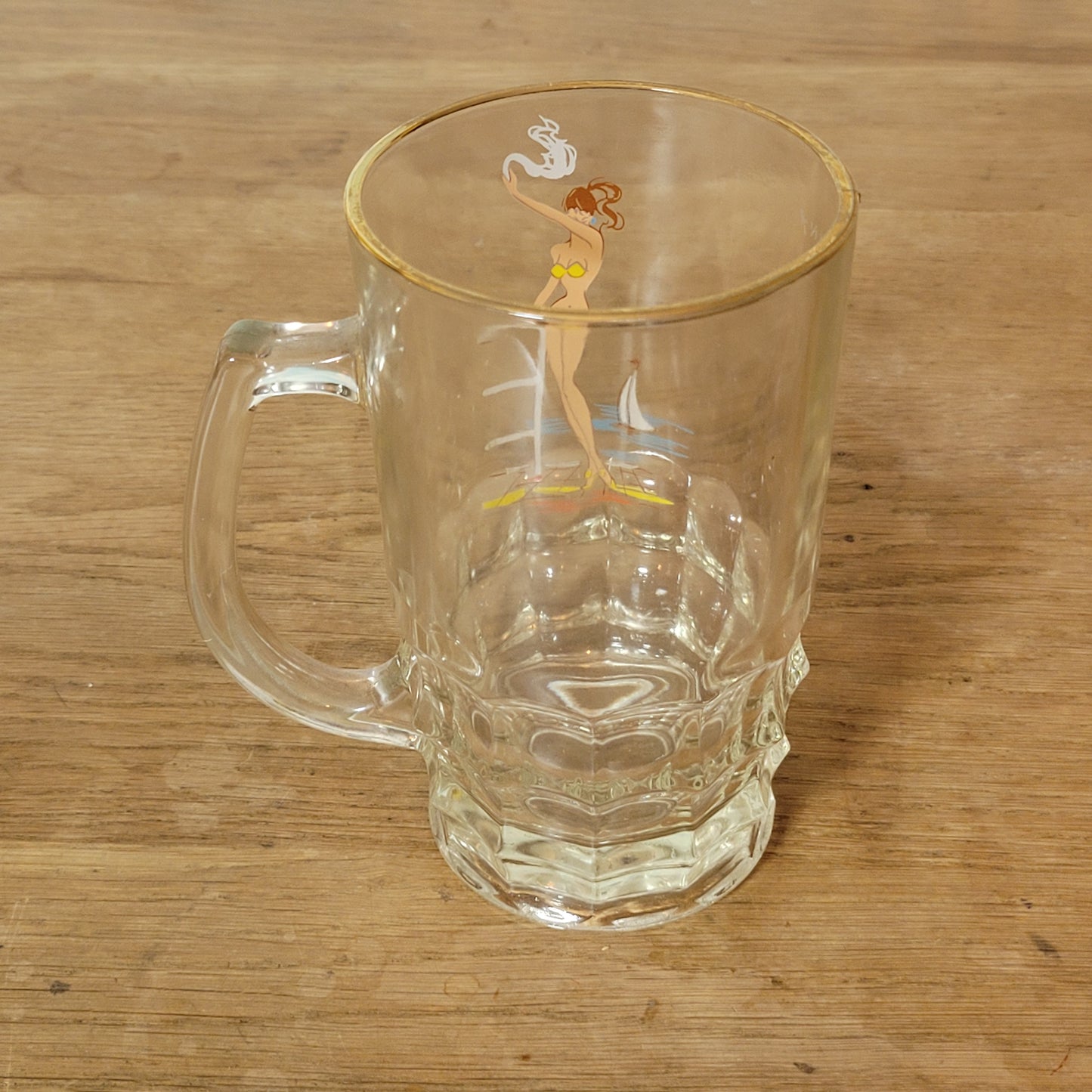 1960s cheeky glass beer stein with bikini pin-up