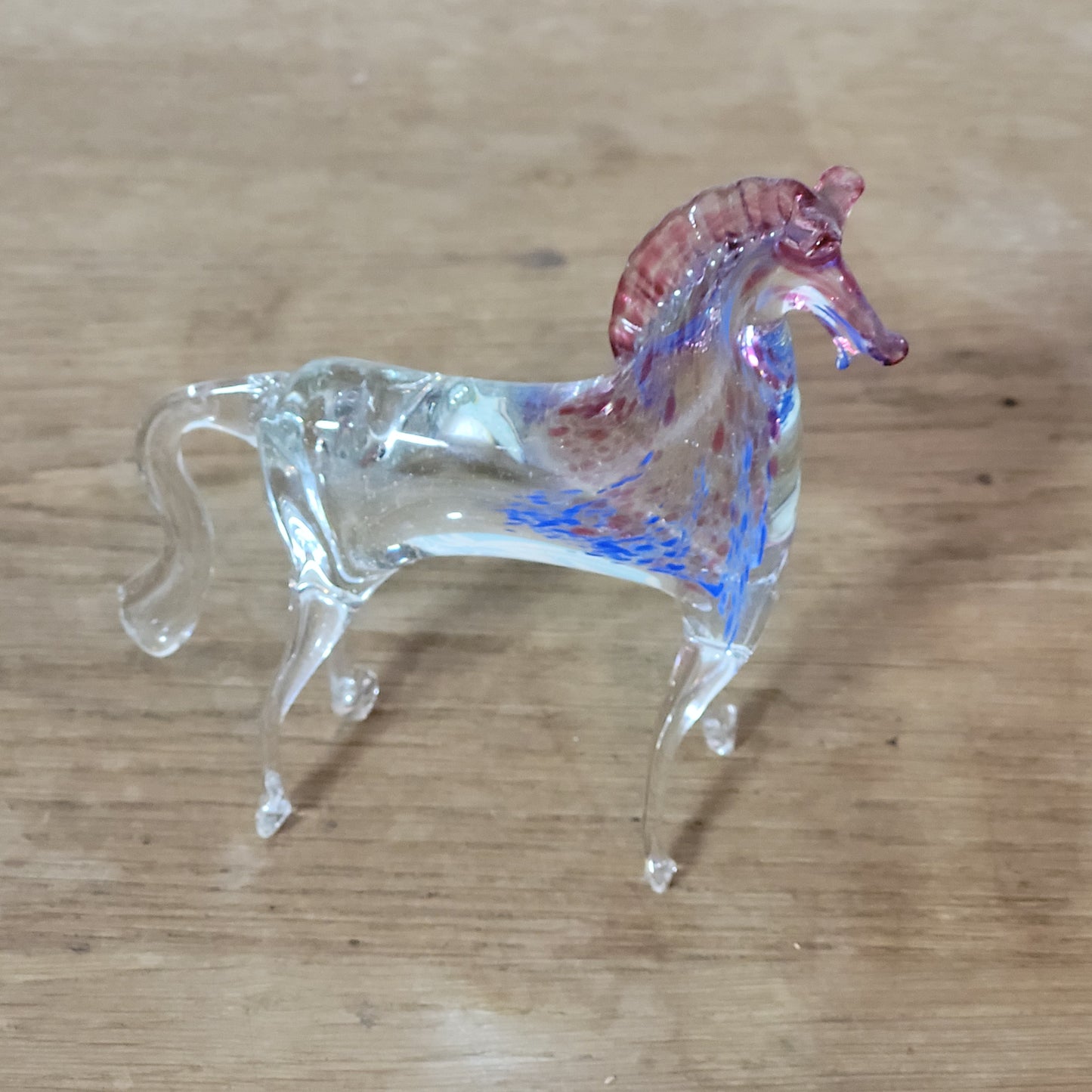 1960s/70s Murano-style handblown glass horse figurine with pink & blue confetti detail