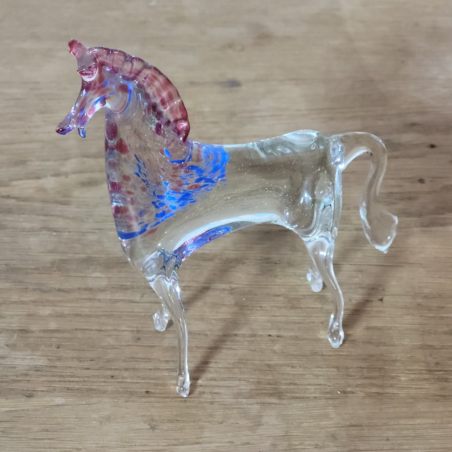 1960s/70s Murano-style handblown glass horse figurine with pink & blue confetti detail