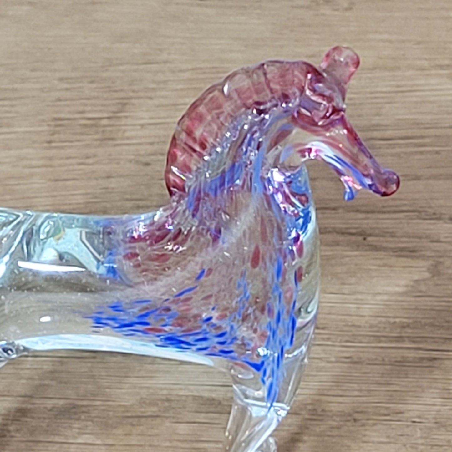 1960s/70s Murano-style handblown glass horse figurine with pink & blue confetti detail