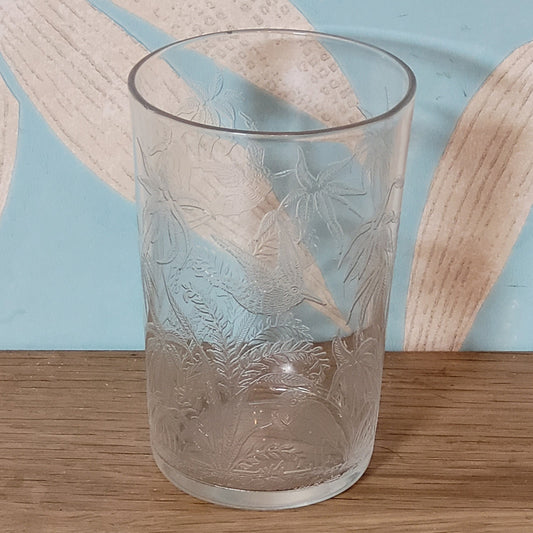 1960s etched glass tumbler with tropical bird design