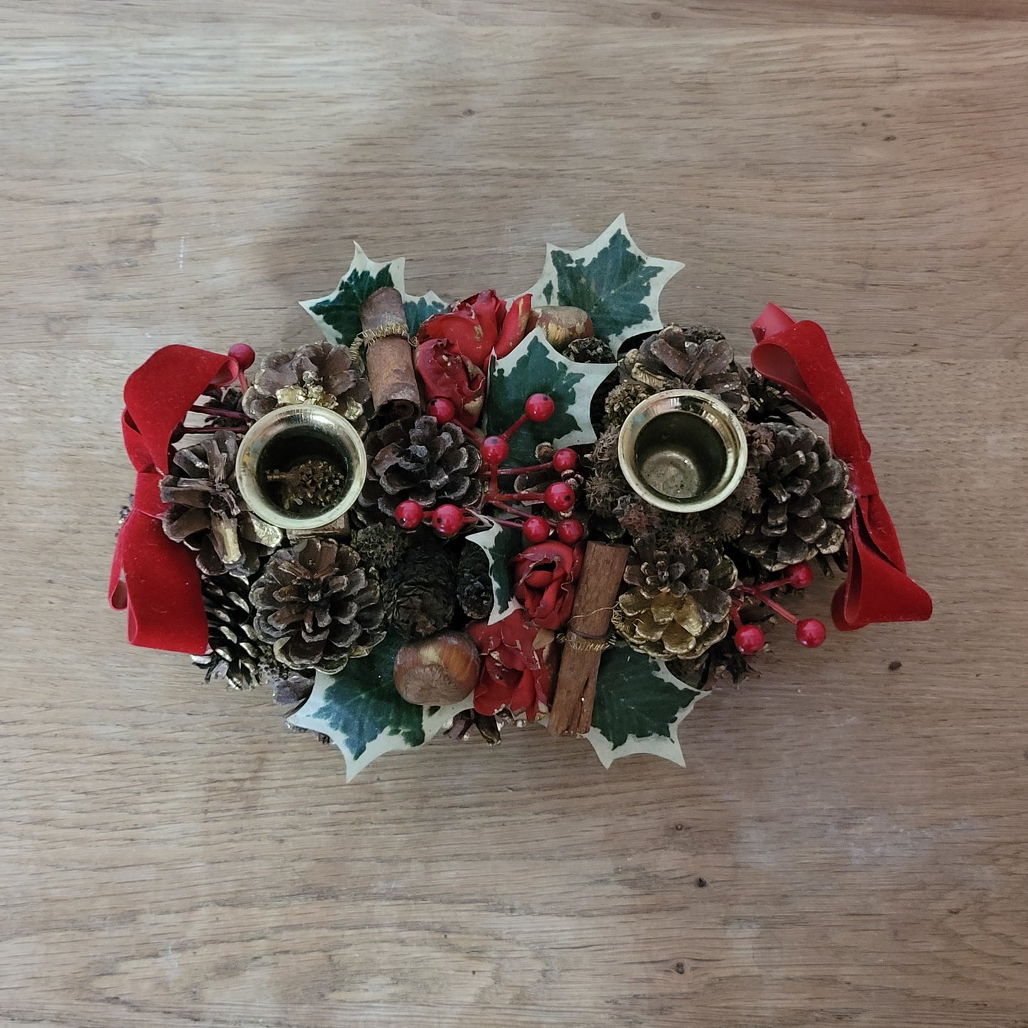 Vintage festive pine cone & red ribbon candleholder centrepiece