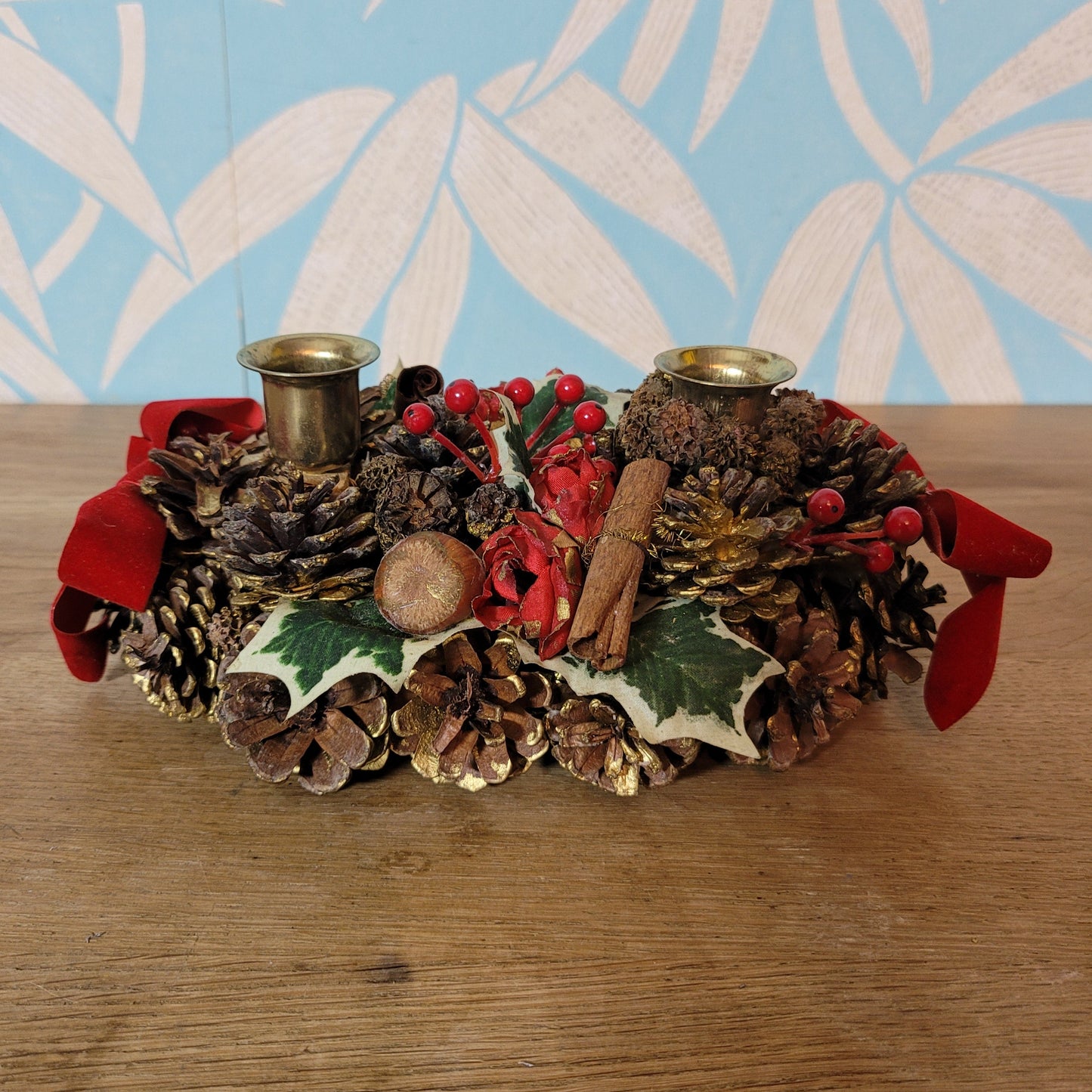 Vintage festive pine cone & red ribbon candleholder centrepiece