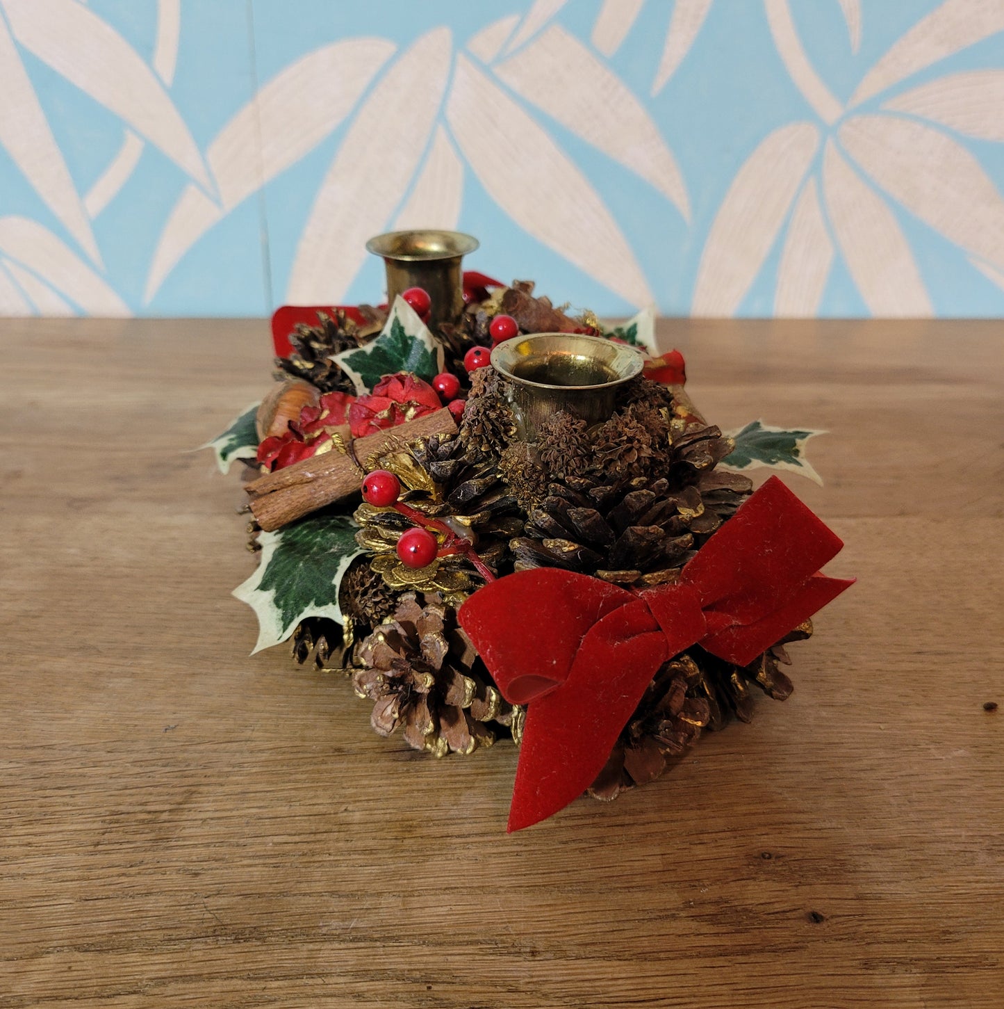 Vintage festive pine cone & red ribbon candleholder centrepiece