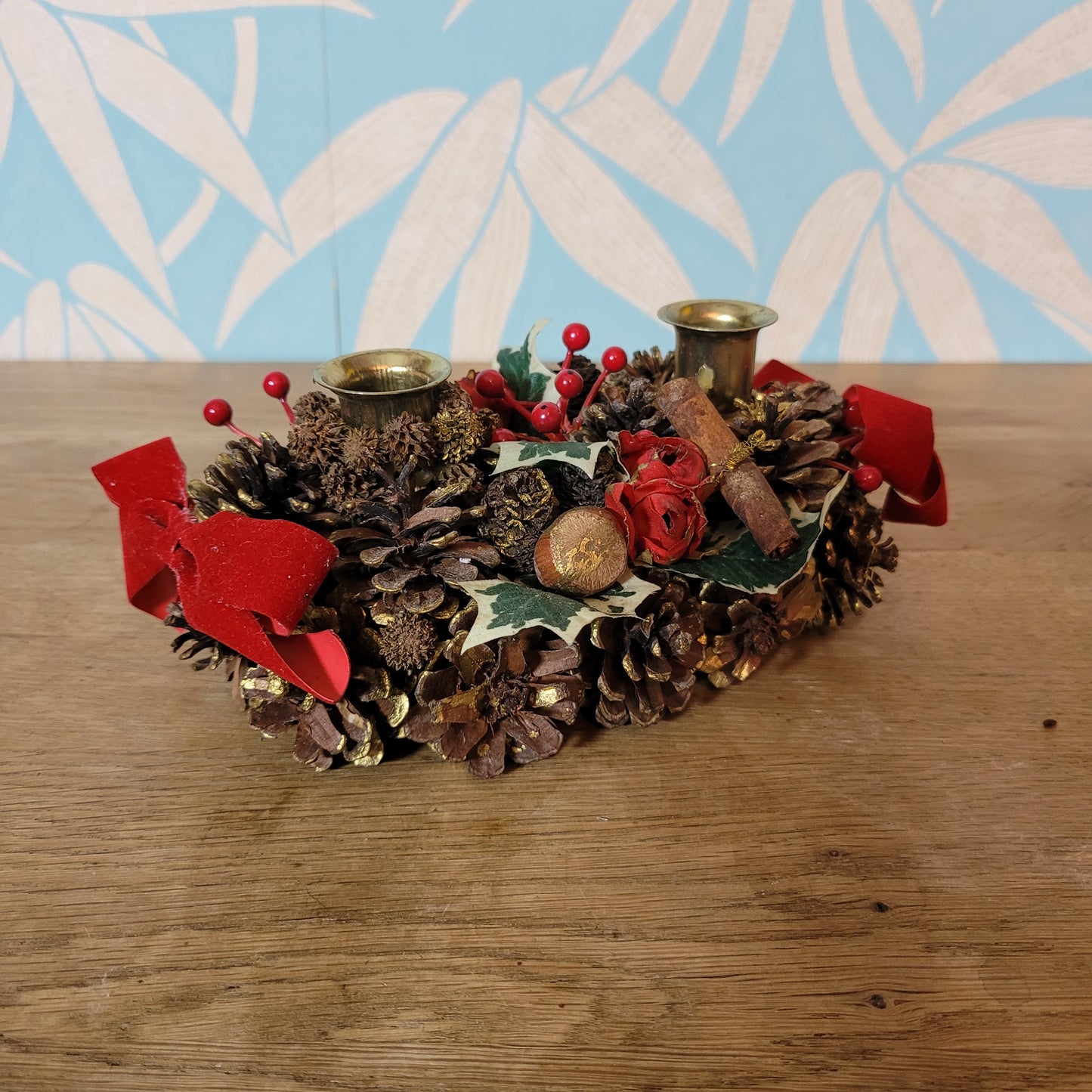 Vintage festive pine cone & red ribbon candleholder centrepiece