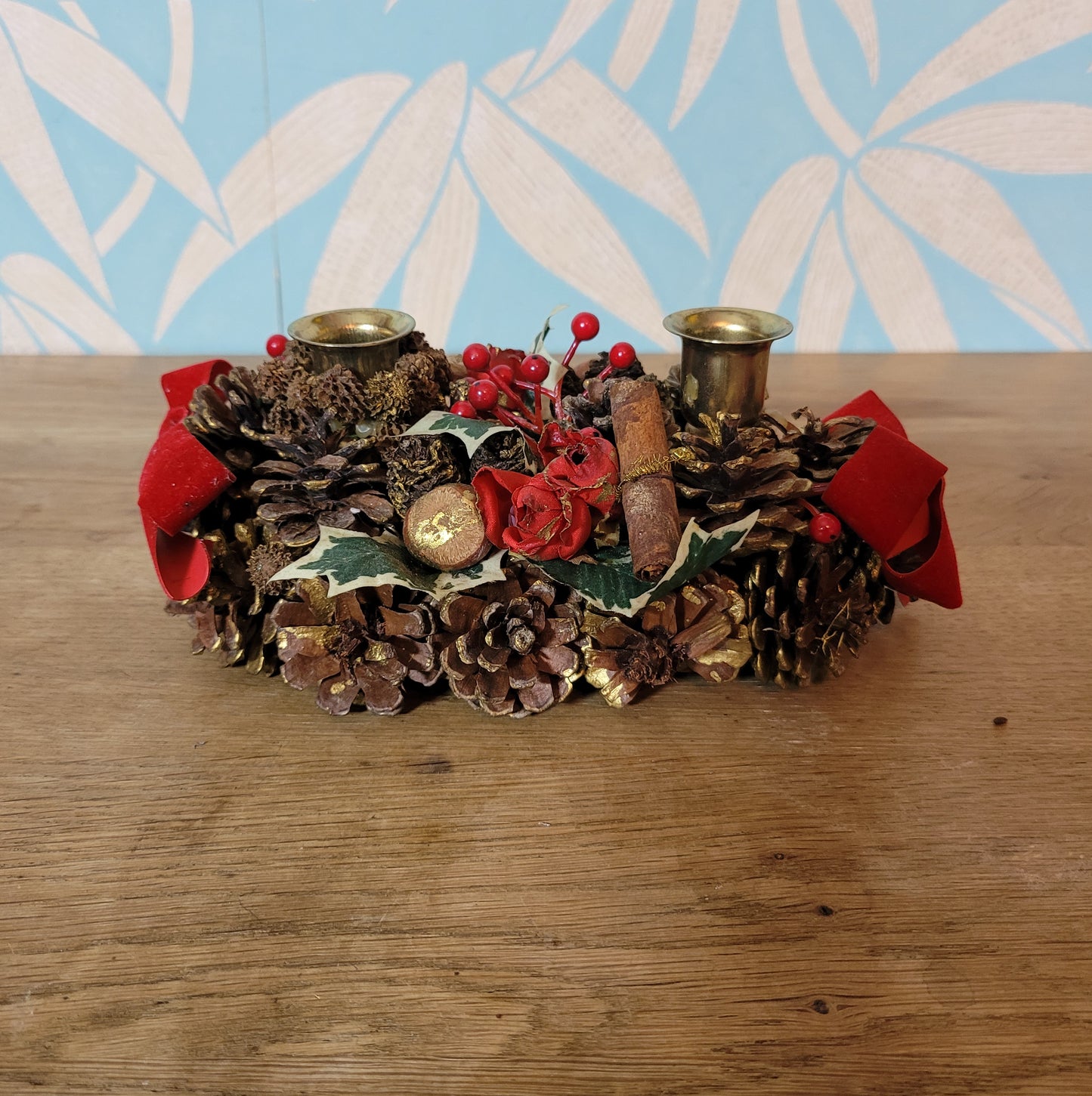 Vintage festive pine cone & red ribbon candleholder centrepiece