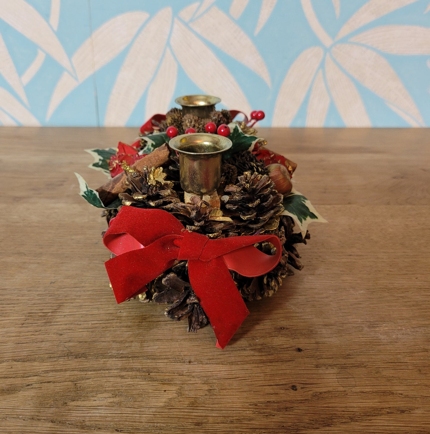 Vintage festive pine cone & red ribbon candleholder centrepiece
