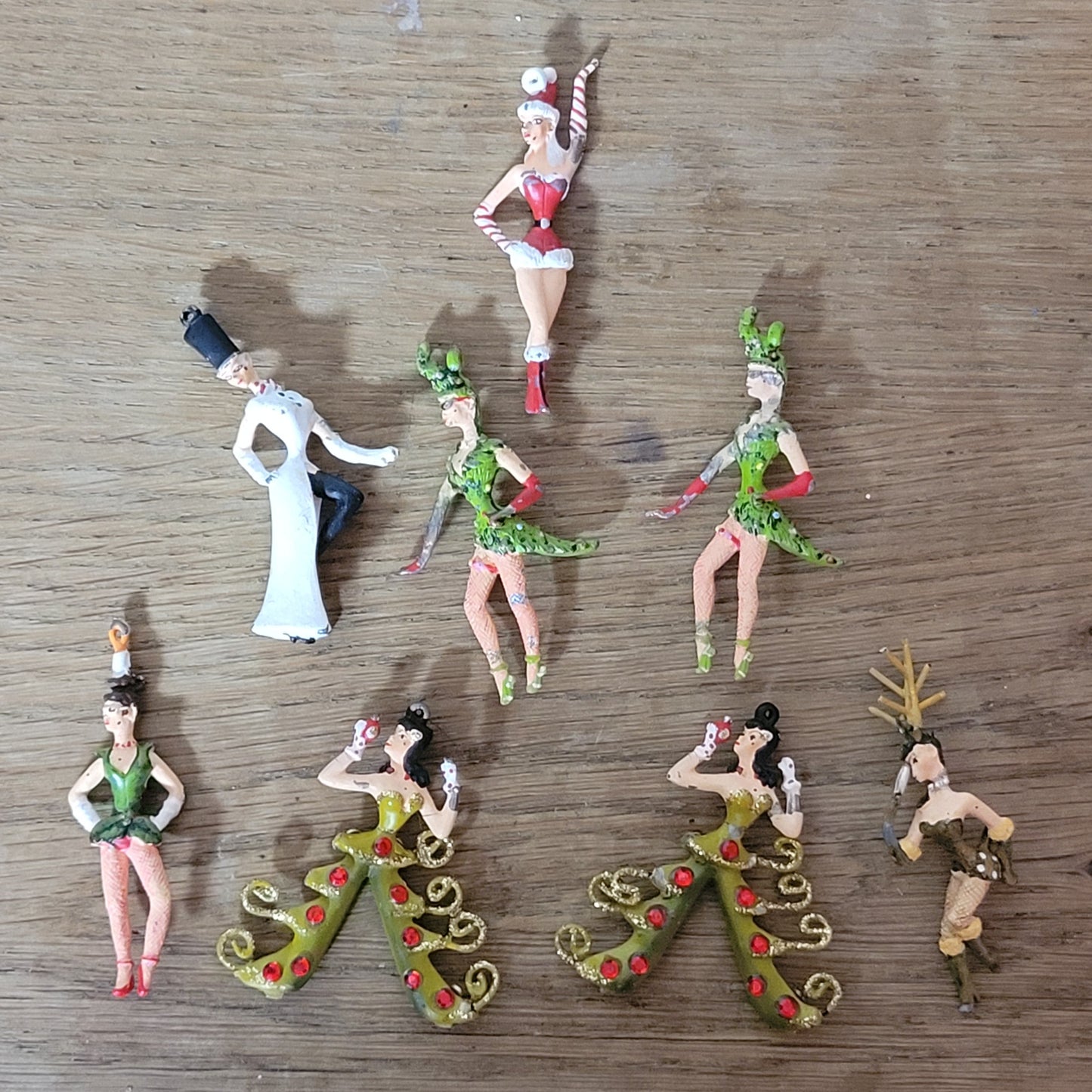 Rare mid-century hand-painted lead showgirl tree ornaments