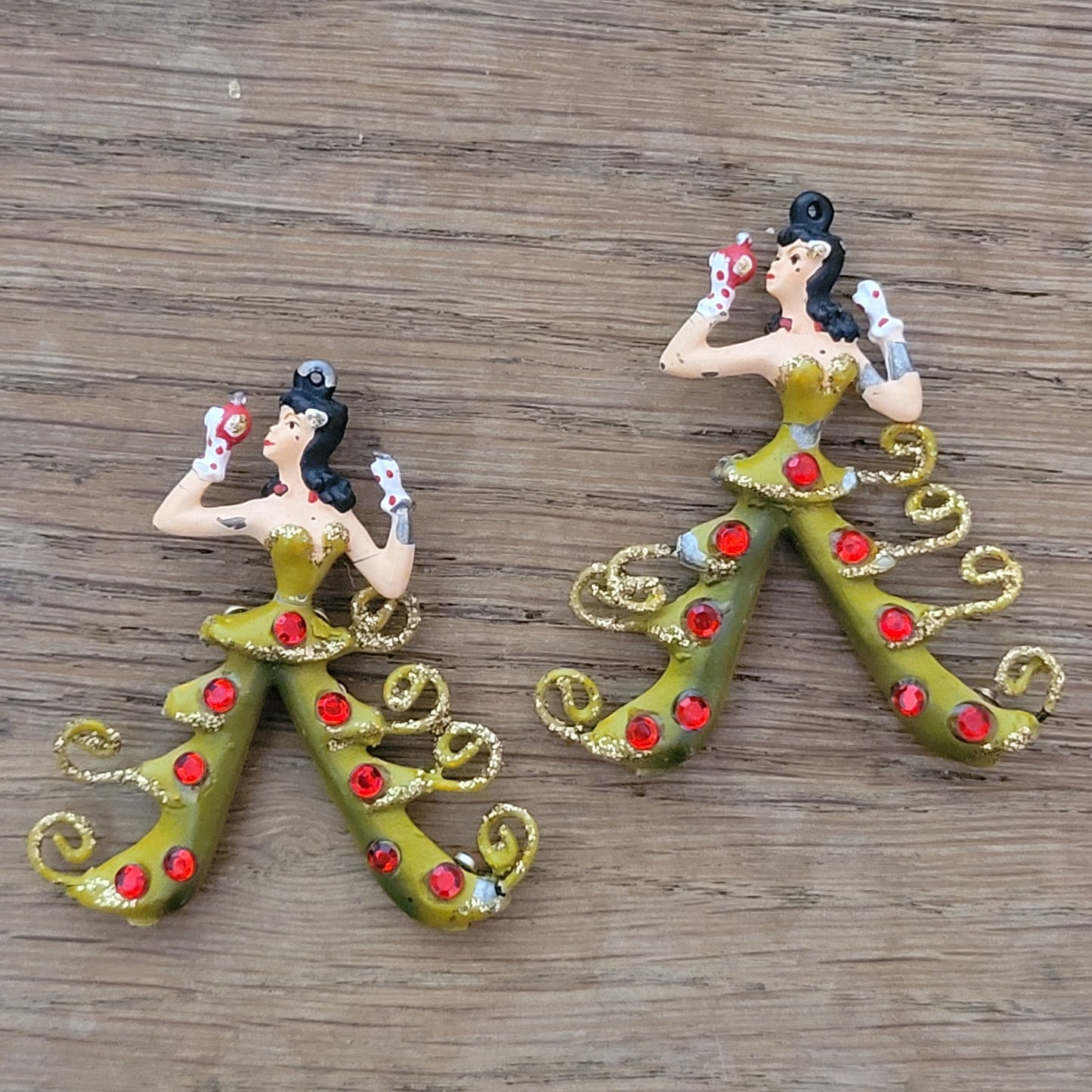 Rare mid-century hand-painted lead showgirl tree ornaments