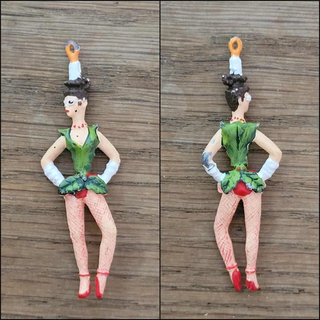 Rare mid-century hand-painted lead showgirl tree ornaments