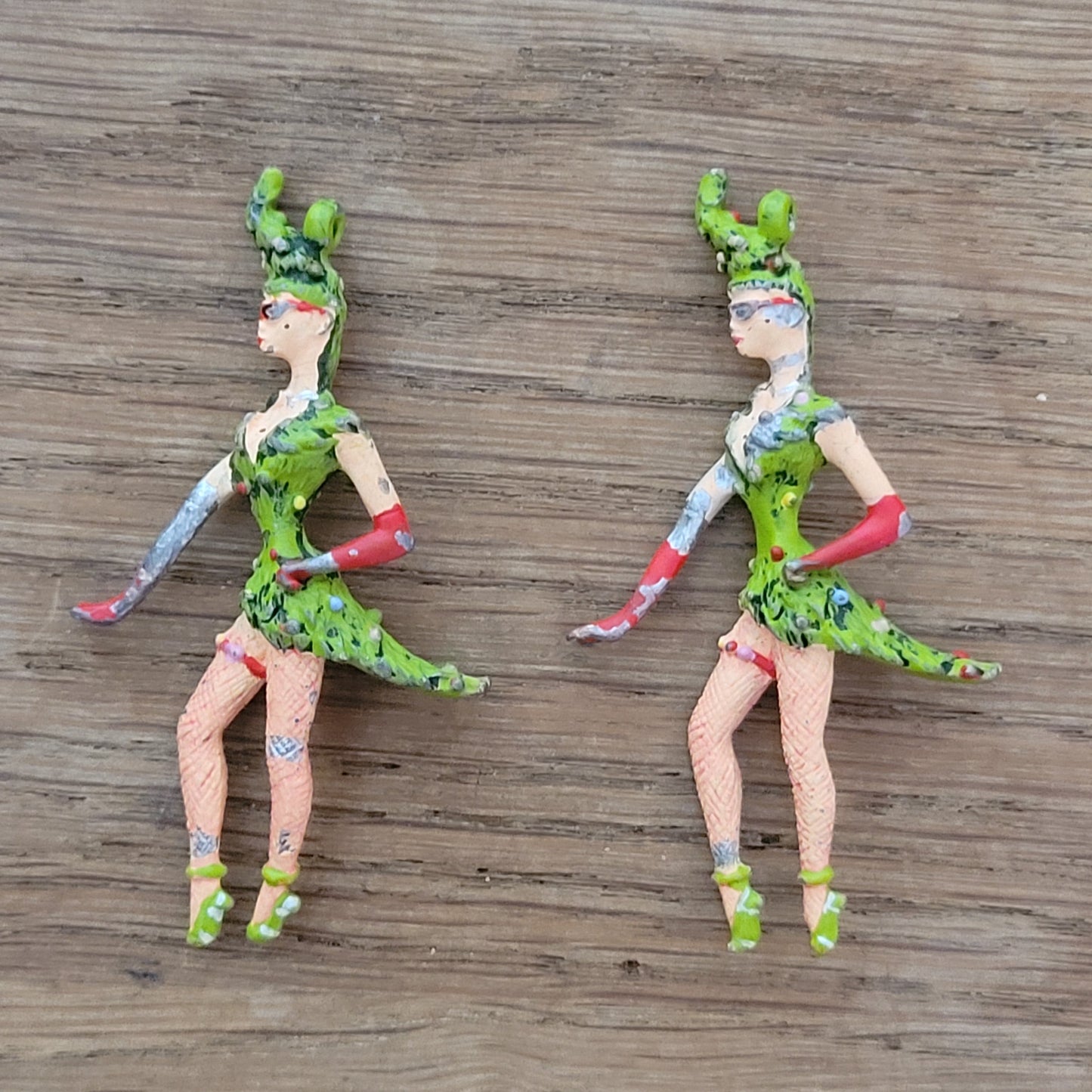 Rare mid-century hand-painted lead showgirl tree ornaments
