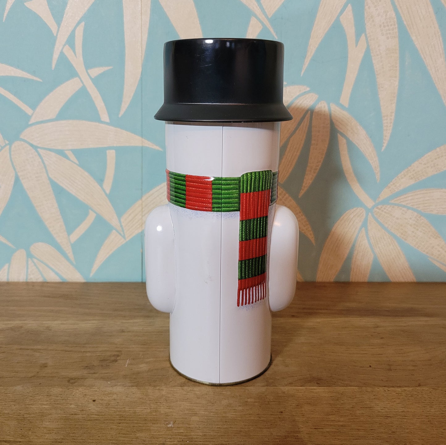 Retro snowman candy tin, empty