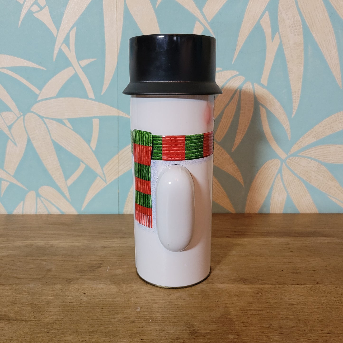 Retro snowman candy tin, empty
