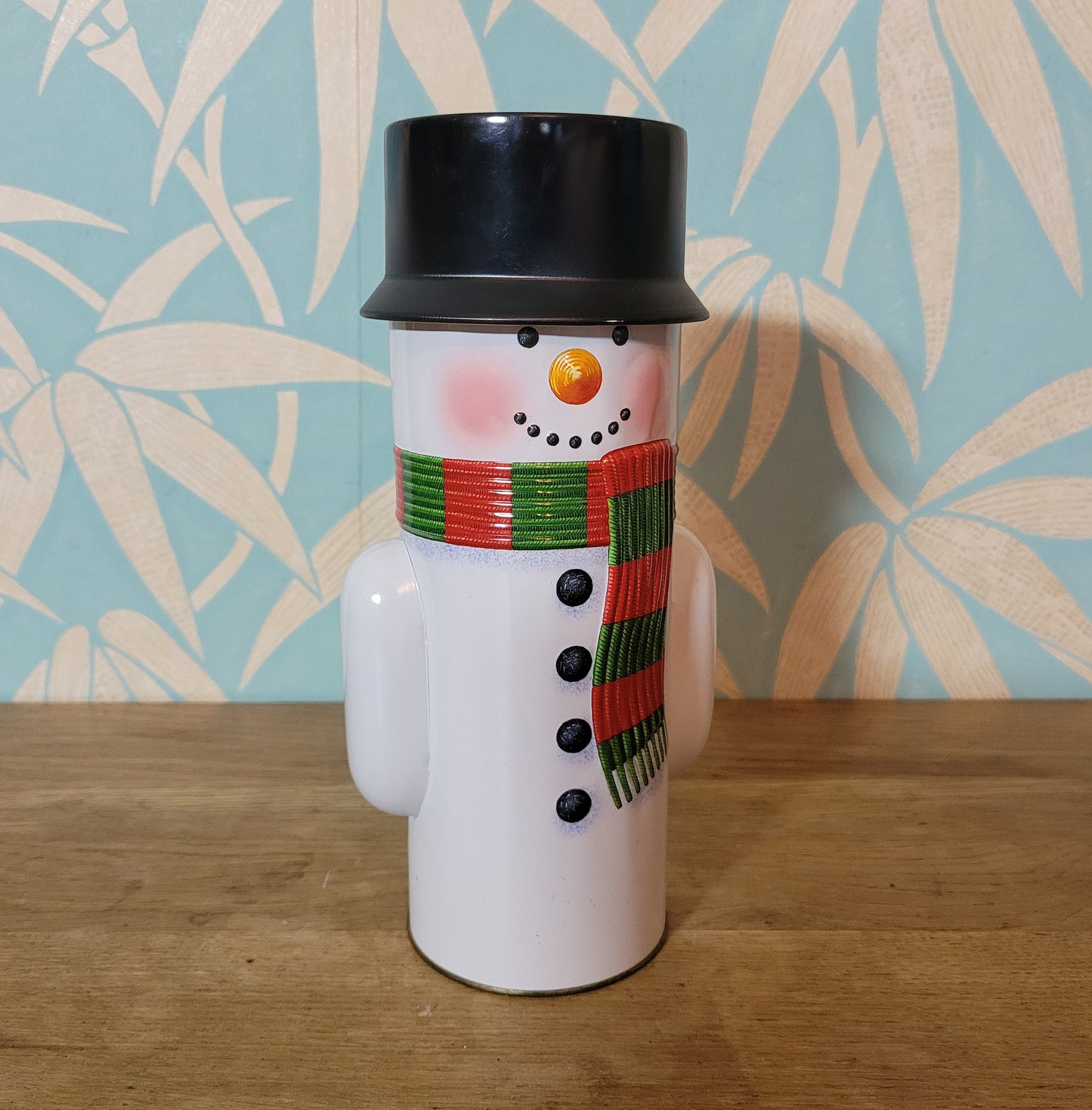 Retro snowman candy tin, empty