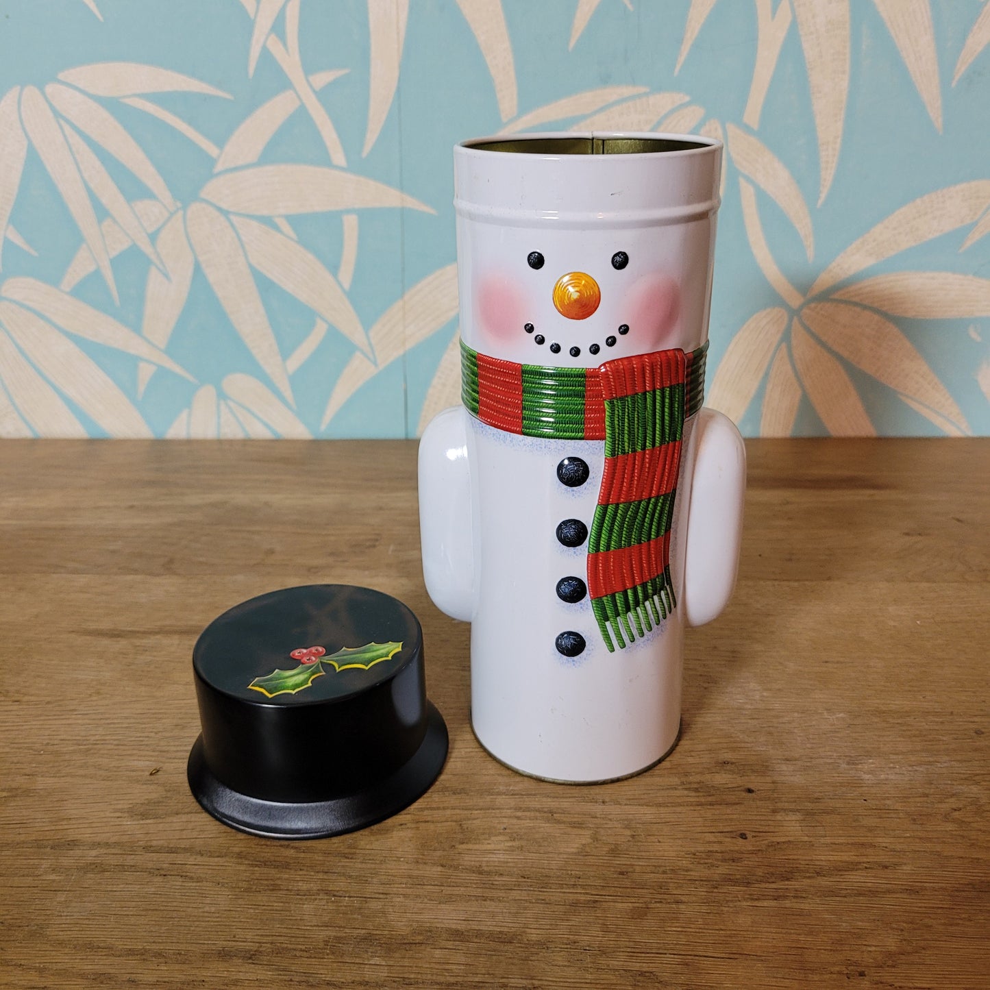 Retro snowman candy tin, empty