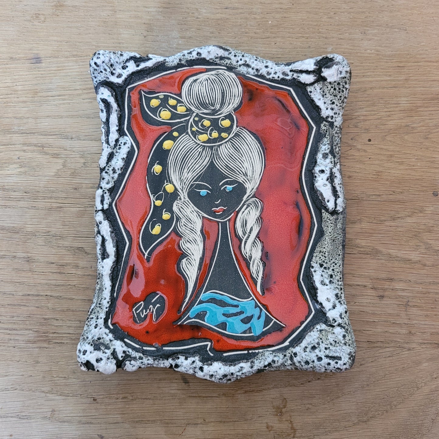Mid-century San Marino Italian "sgrafitto girl" wall plaque/trinket dish, signed by artist