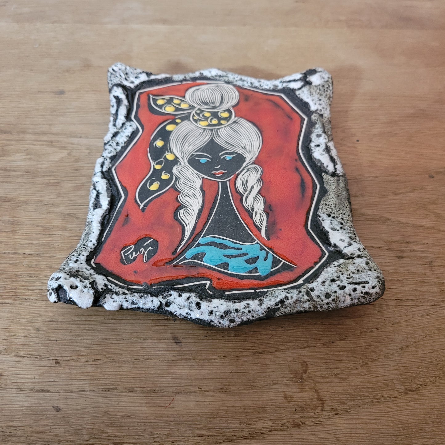 Mid-century San Marino Italian "sgrafitto girl" wall plaque/trinket dish, signed by artist