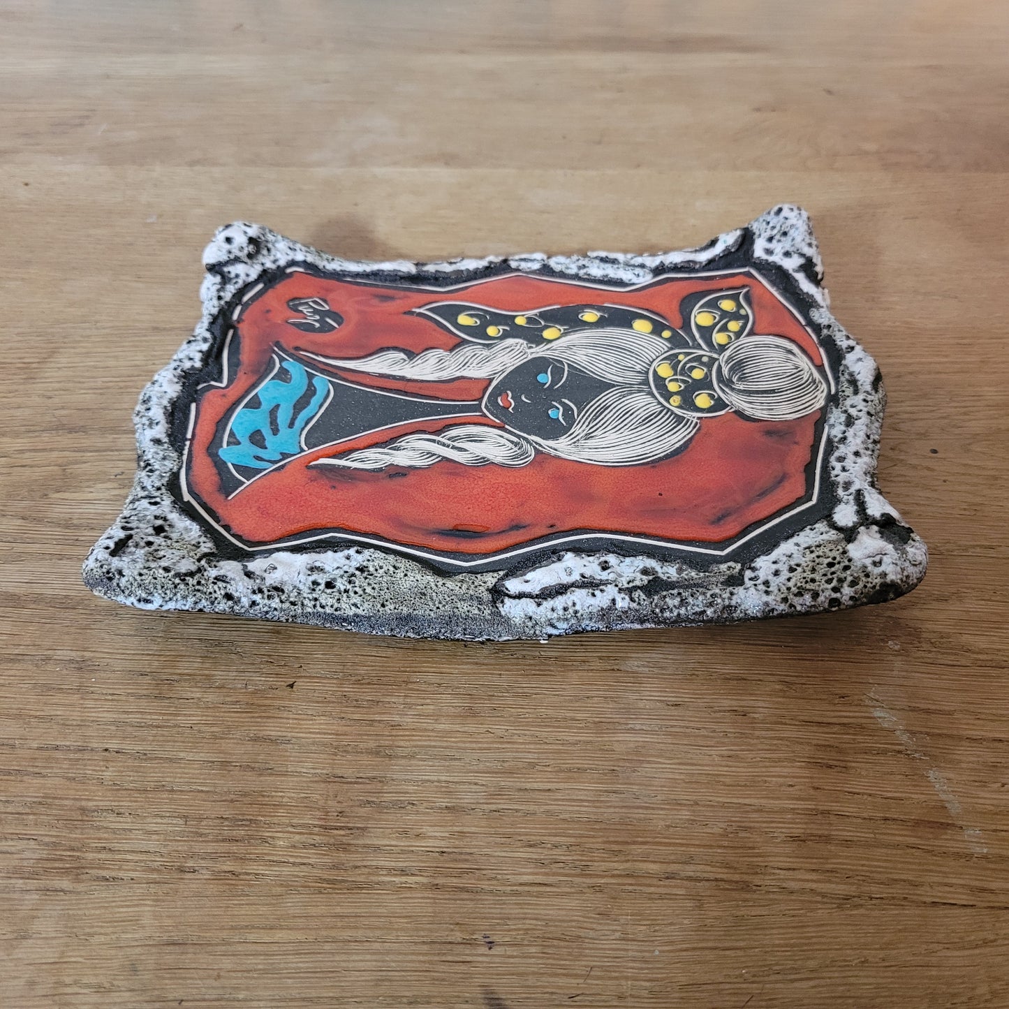 Mid-century San Marino Italian "sgrafitto girl" wall plaque/trinket dish, signed by artist