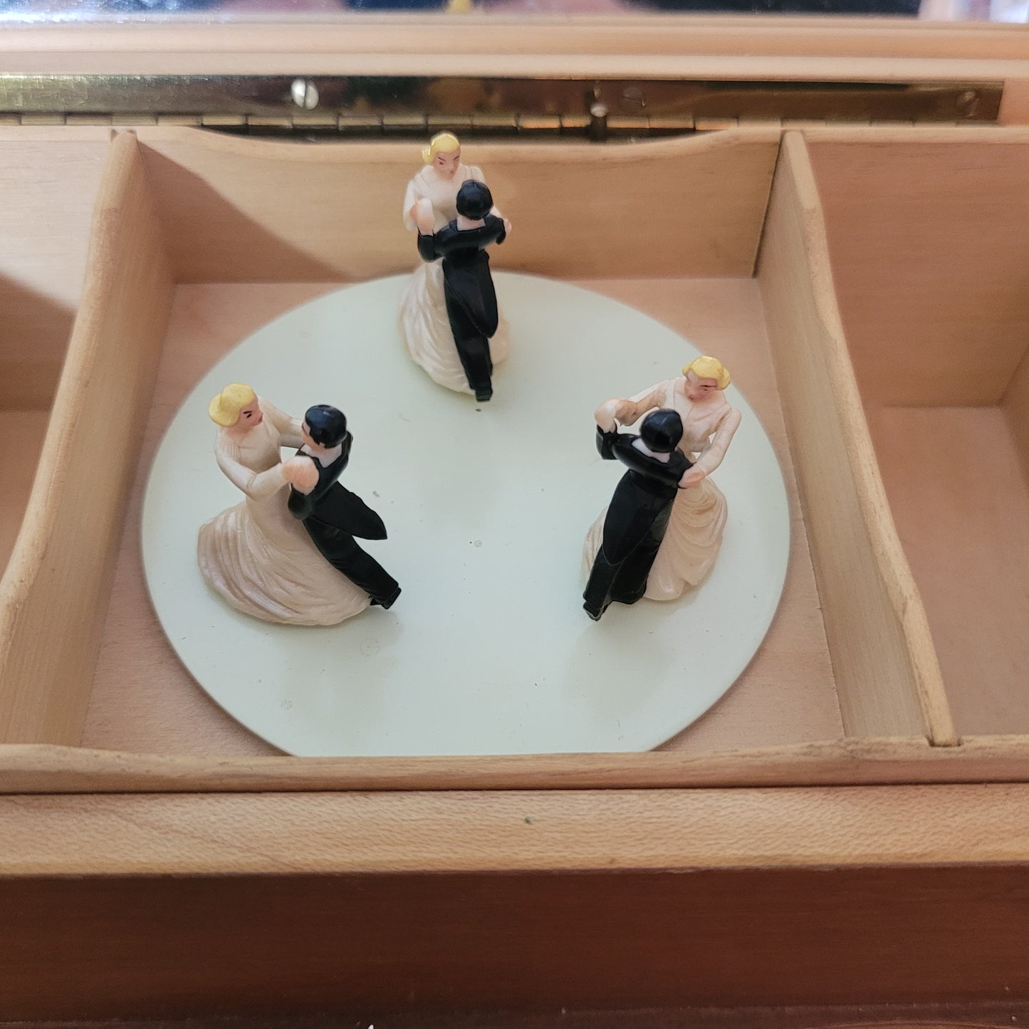 Vintage wooden musical cigarette box with three pirouetting dancing couples