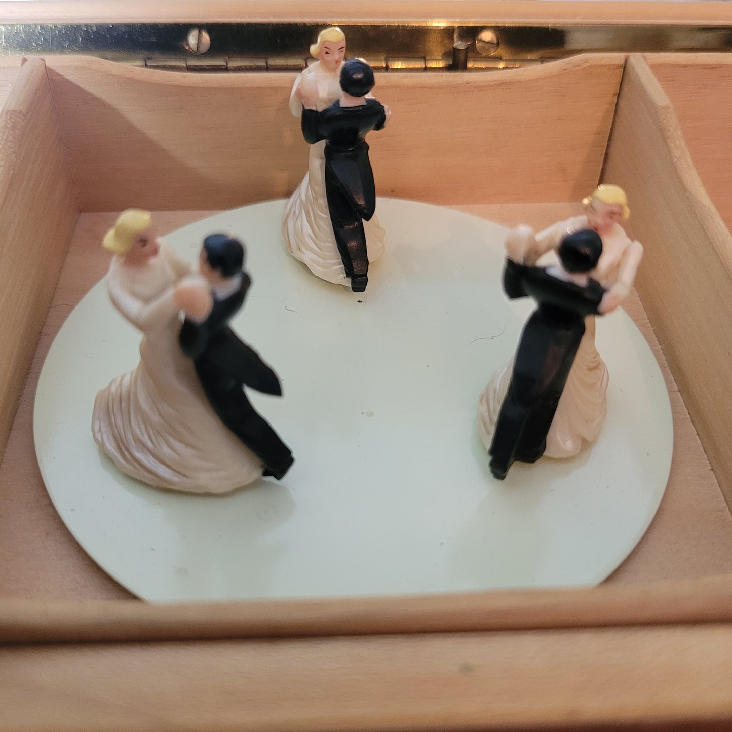 Vintage wooden musical cigarette box with three pirouetting dancing couples
