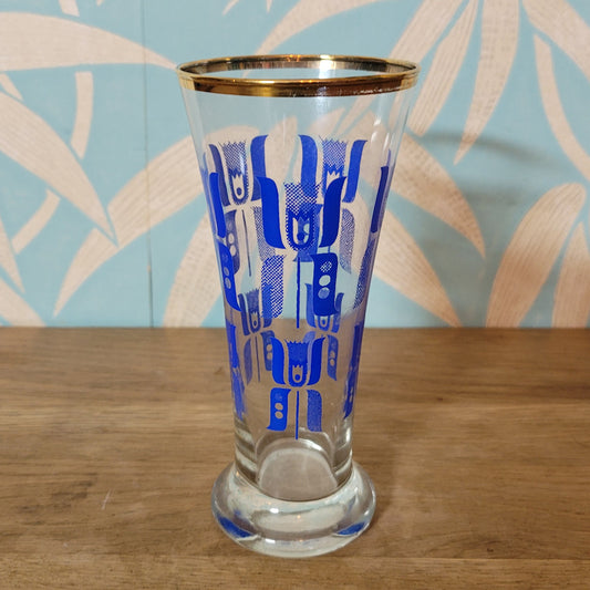 1960s blue abstract tulip pilsner glass with gilt rim