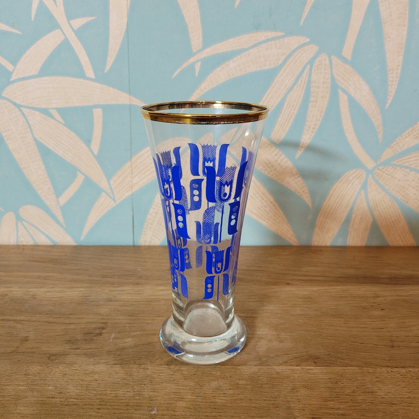 1960s blue abstract tulip pilsner glass with gilt rim