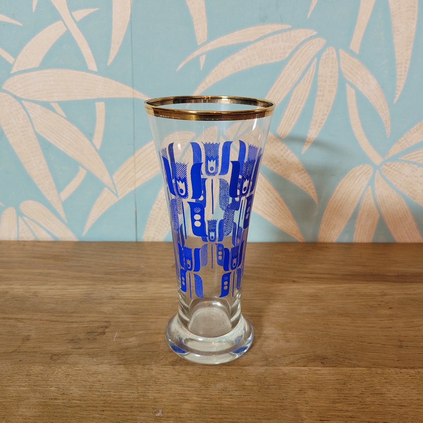 1960s blue abstract tulip pilsner glass with gilt rim