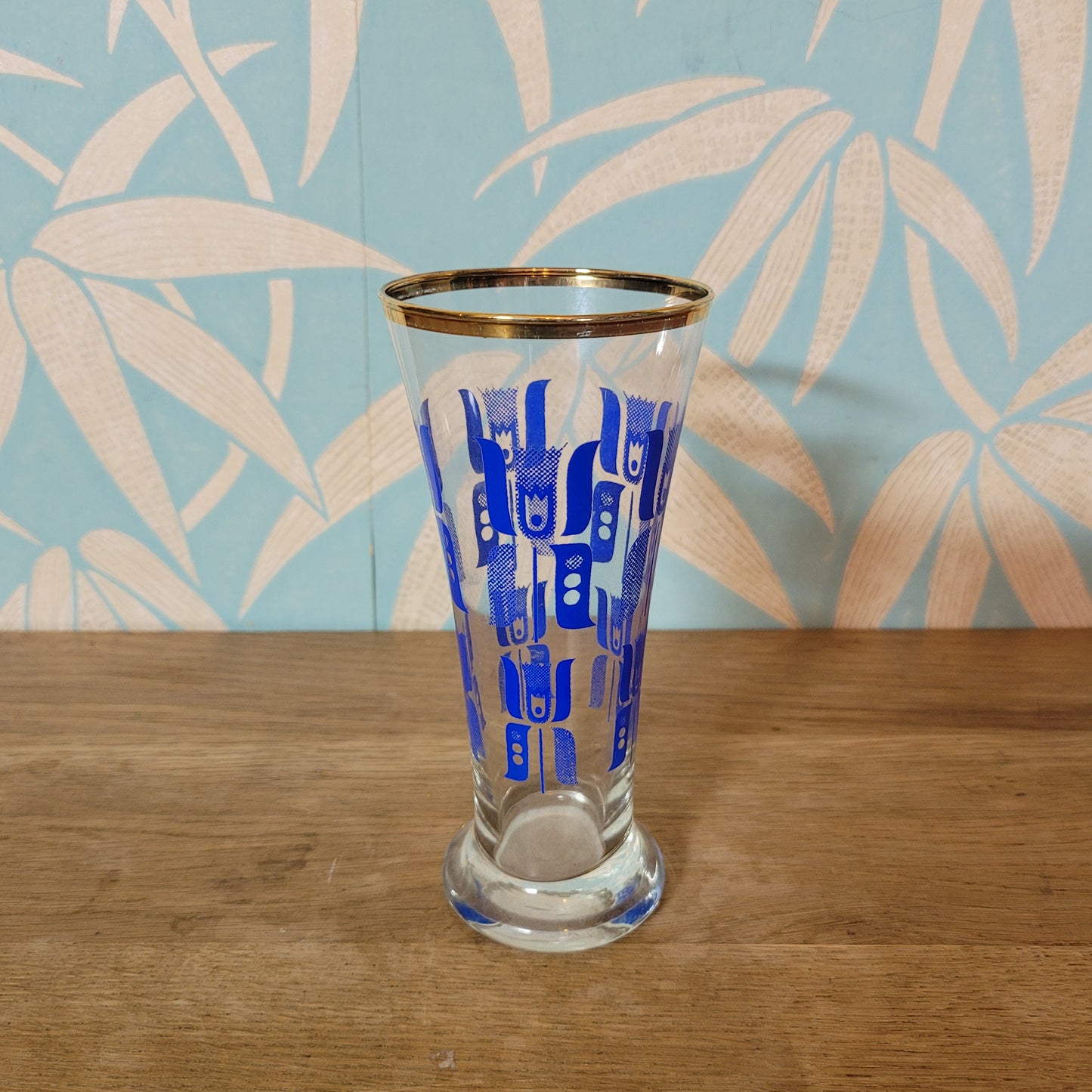 1960s blue abstract tulip pilsner glass with gilt rim
