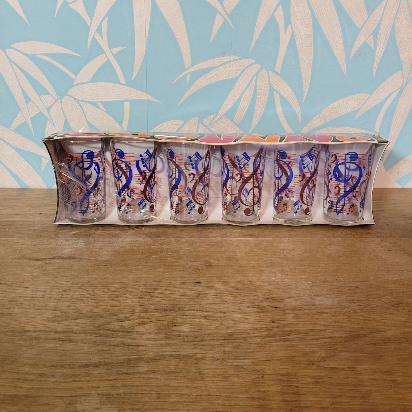 Set of six 1970s Ravenhead “Coolers” musical note glasses in original box