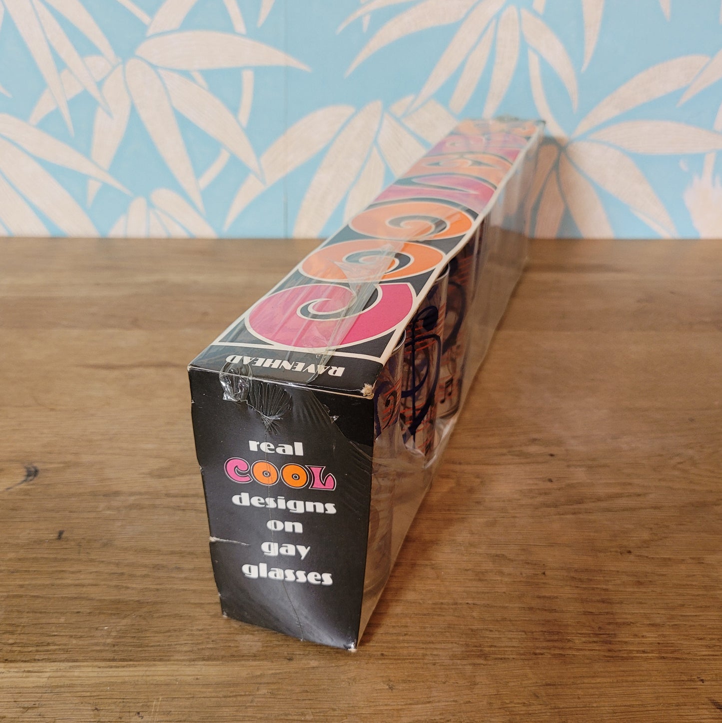 Set of six 1970s Ravenhead “Coolers” musical note glasses in original box