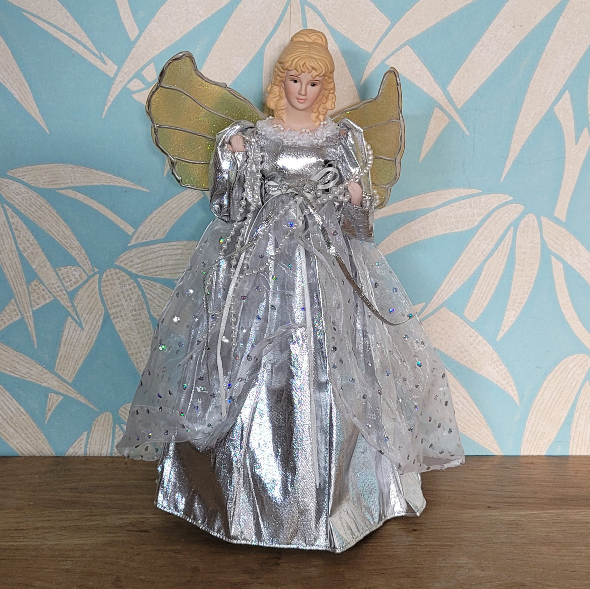 Vintage Christmas angel tree topper in silver dress with gold/silver w – Carla's Collectables