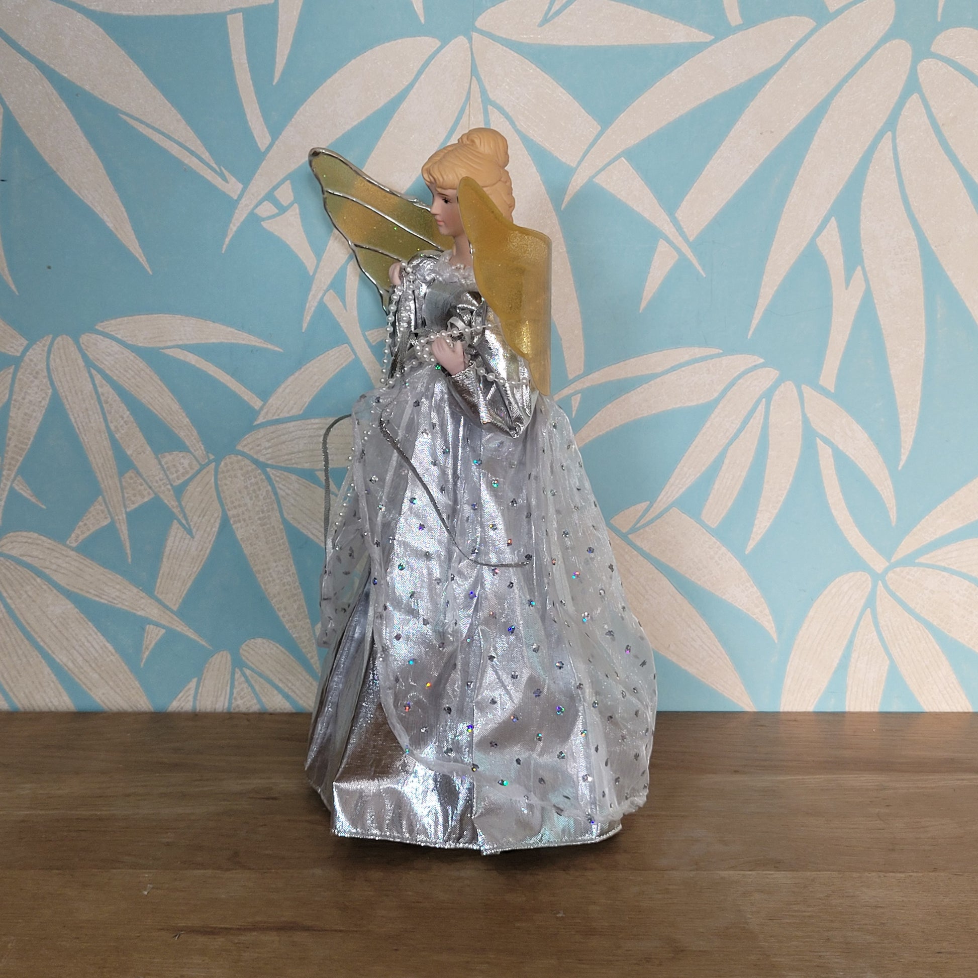 Vintage Christmas angel tree topper in silver dress with gold/silver w – Carla's Collectables