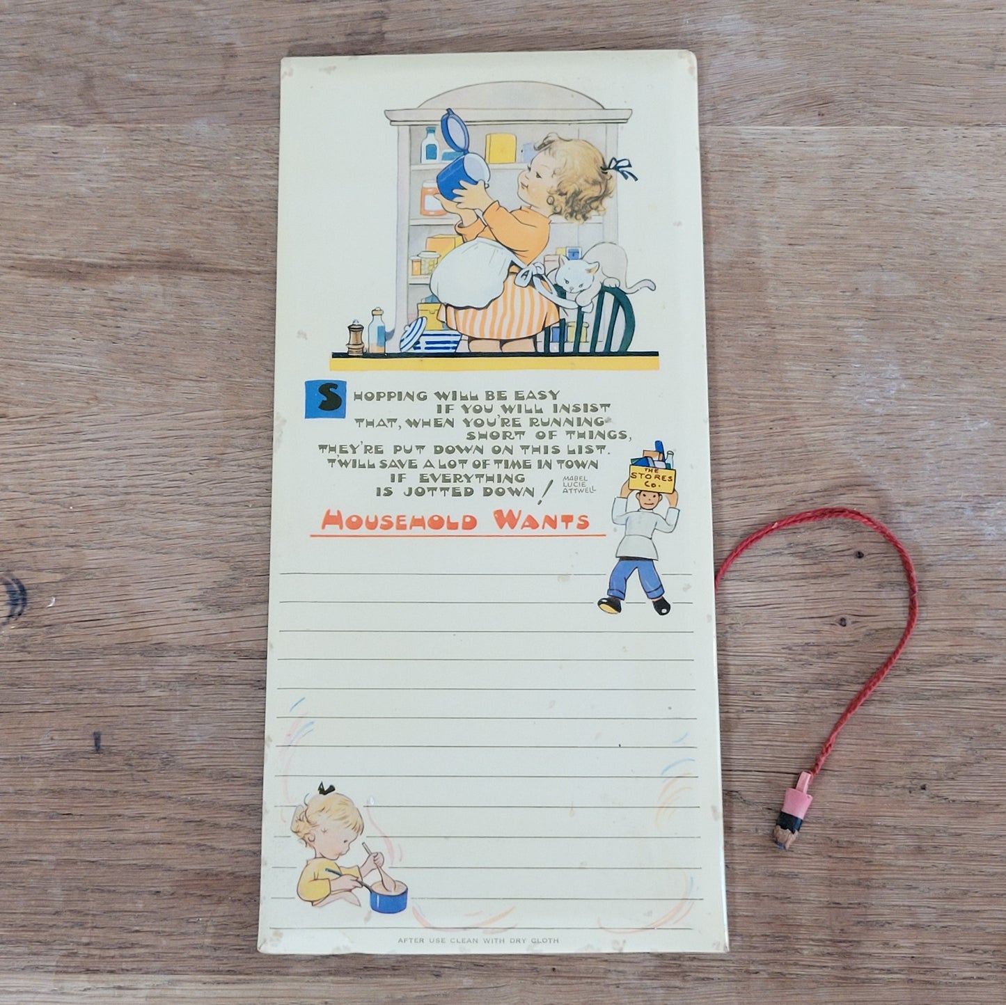 circa. 1940s/50s Lucy Mabel-Attwell illustrated "Household Wants" wipe-clean memo board