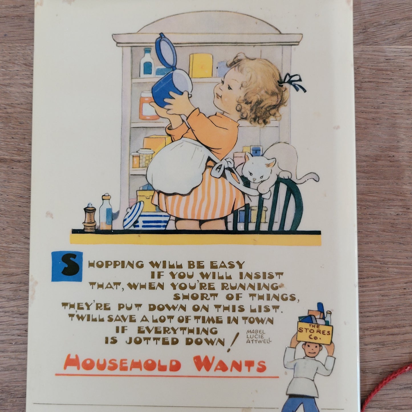 circa. 1940s/50s Lucy Mabel-Attwell illustrated "Household Wants" wipe-clean memo board