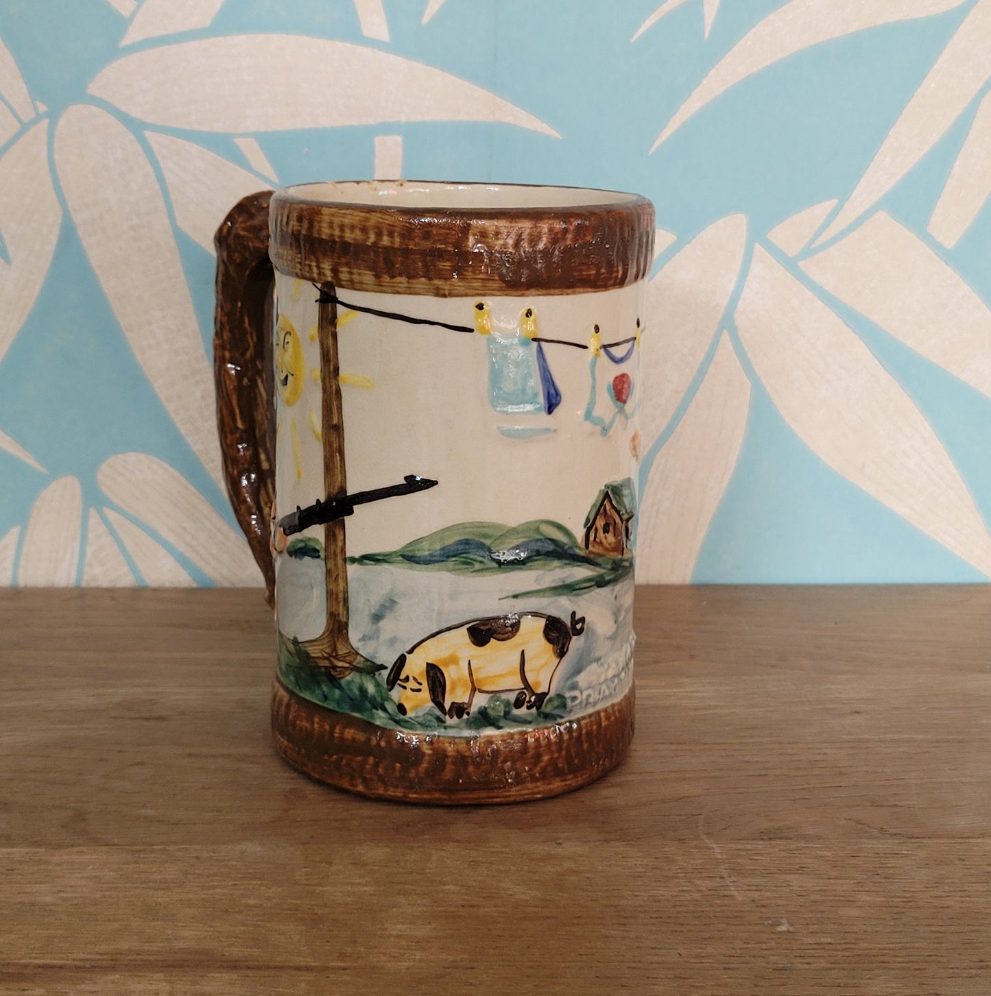 1940s Paul Webb hand-painted "Target Practice" novelty pottery beer tankard