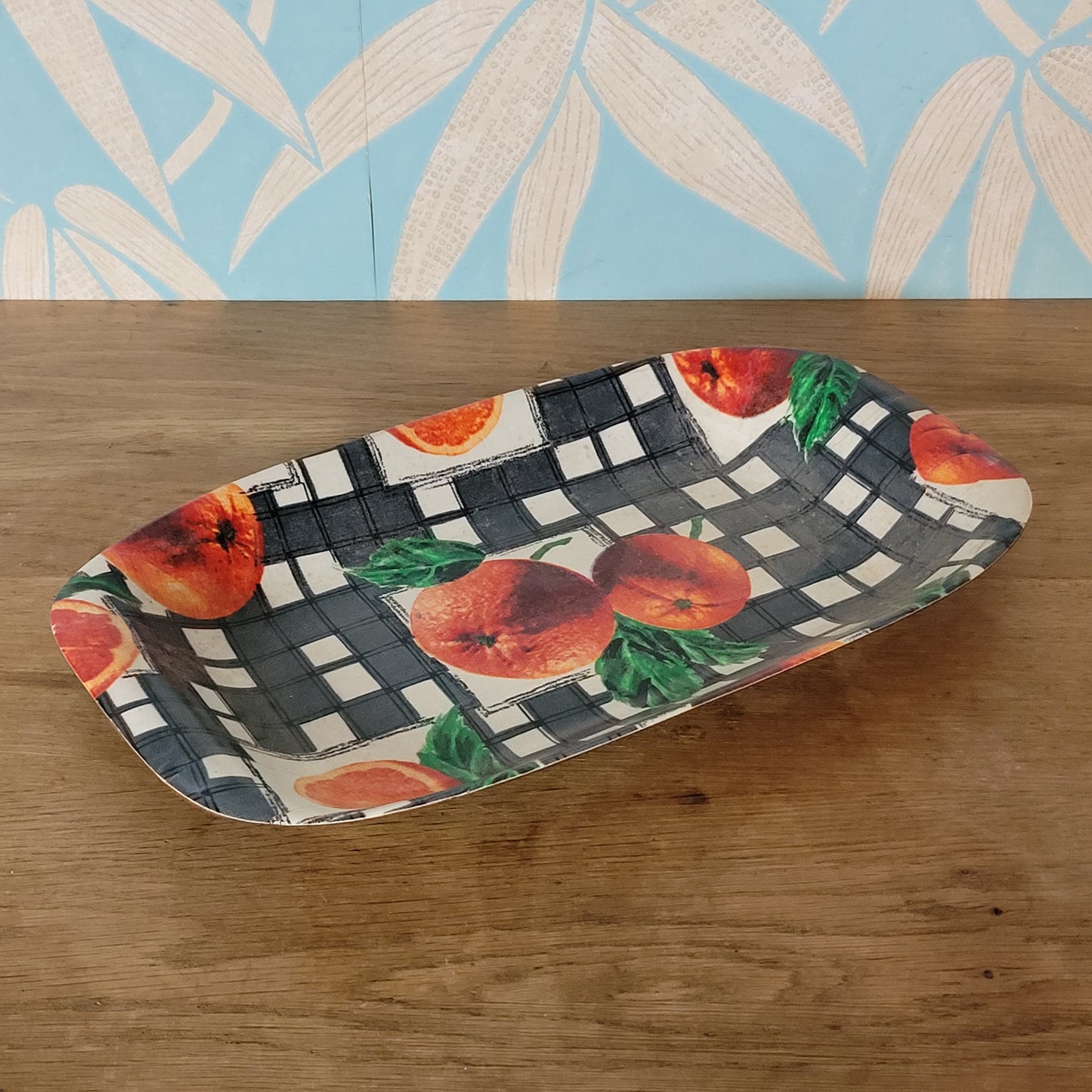 Vintage moulded ply veneer sandwich tray, monochrome checks & oranges