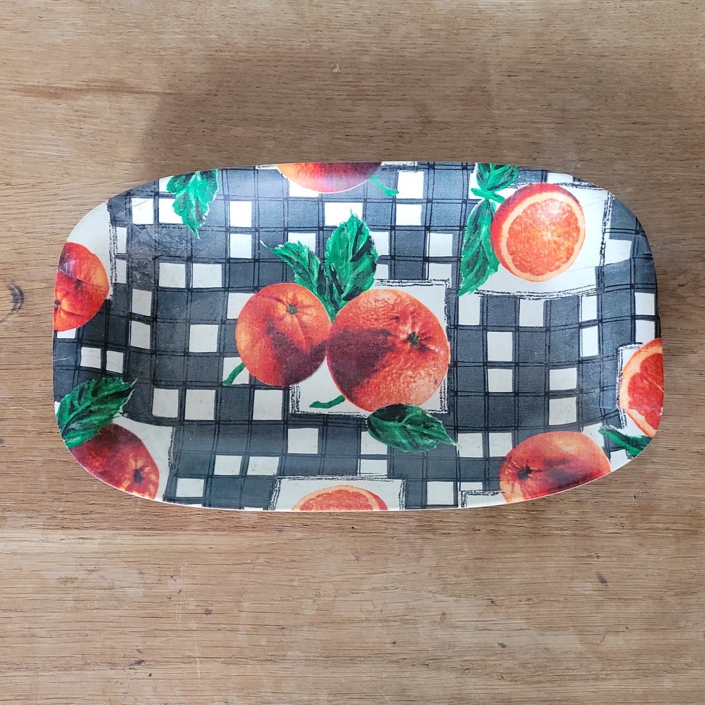 Vintage moulded ply veneer sandwich tray, monochrome checks & oranges