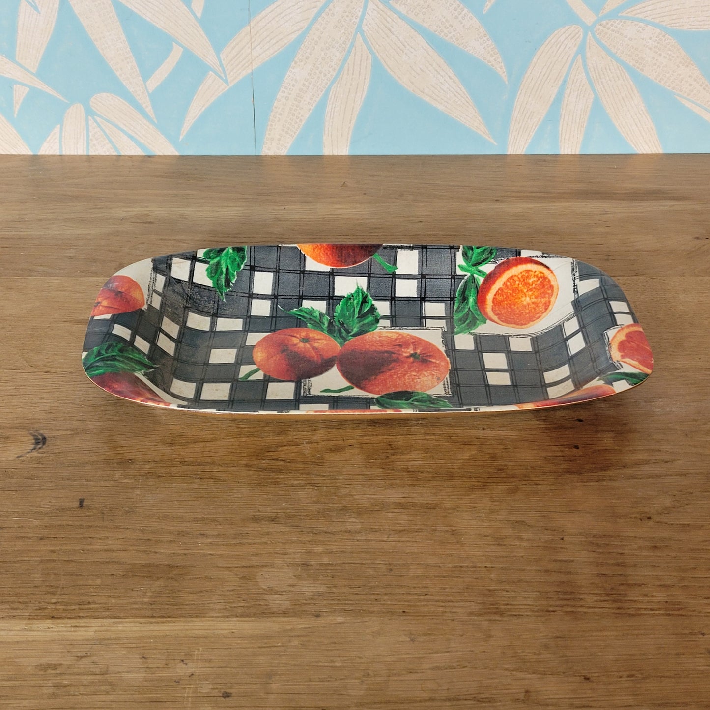 Vintage moulded ply veneer sandwich tray, monochrome checks & oranges