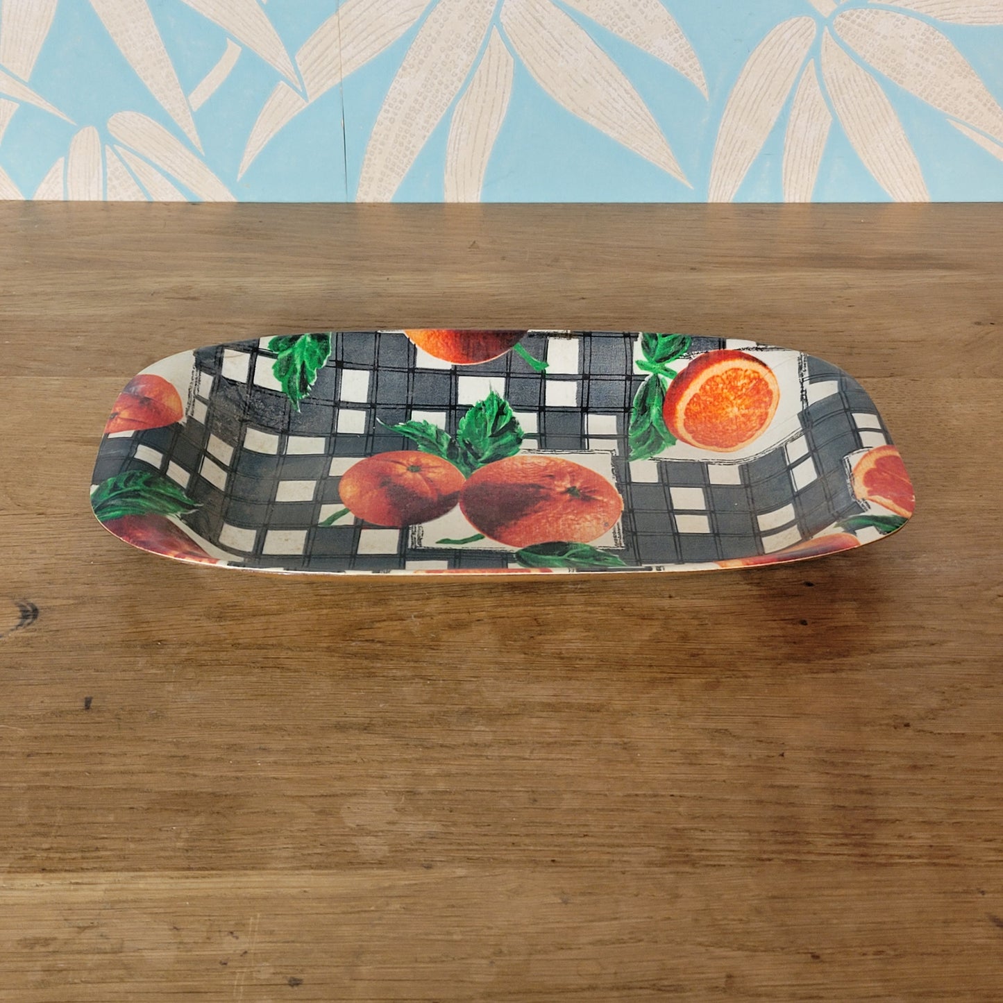 Vintage moulded ply veneer sandwich tray, monochrome checks & oranges