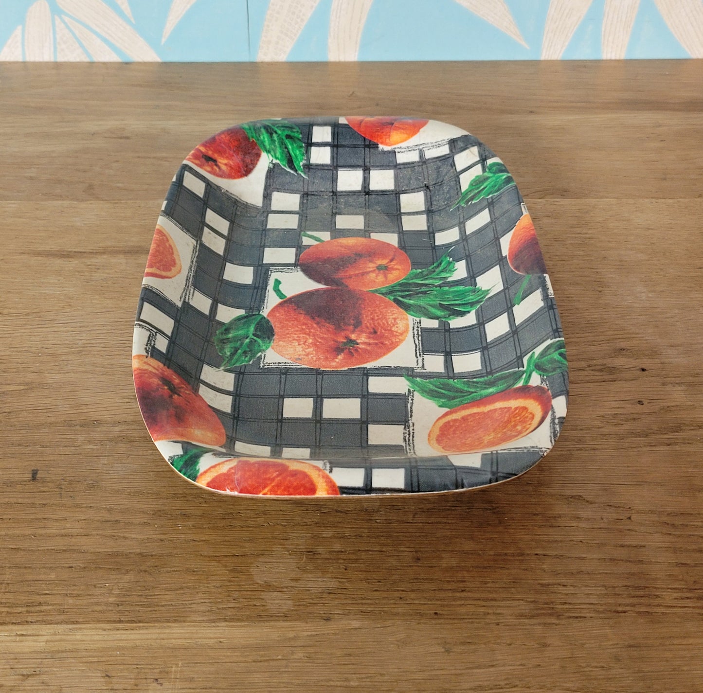 Vintage moulded ply veneer sandwich tray, monochrome checks & oranges